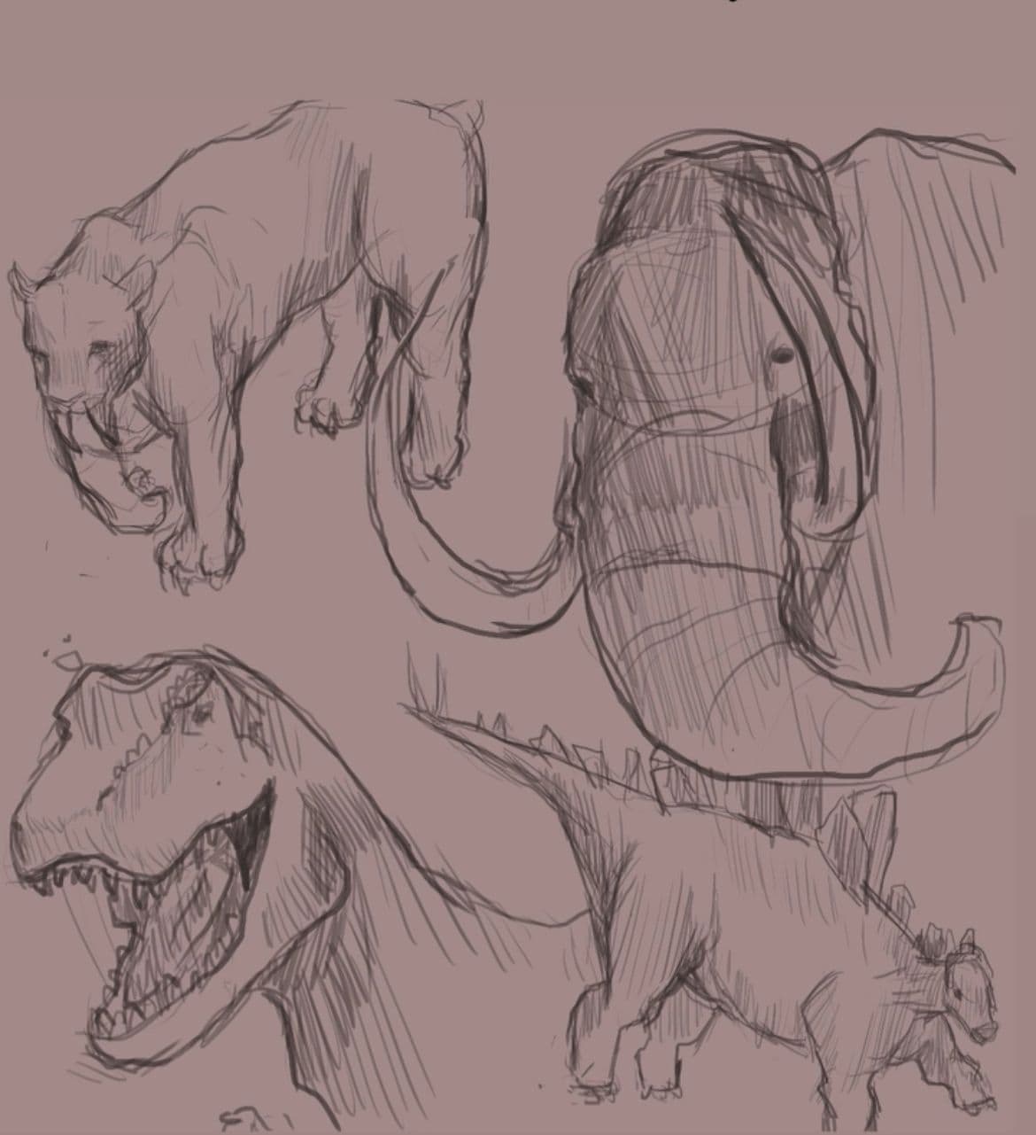Pencil studies of a panther, woolly mammoth, and Tyrannosaurus rex on a single sketchbook page by Haya Shahzad.