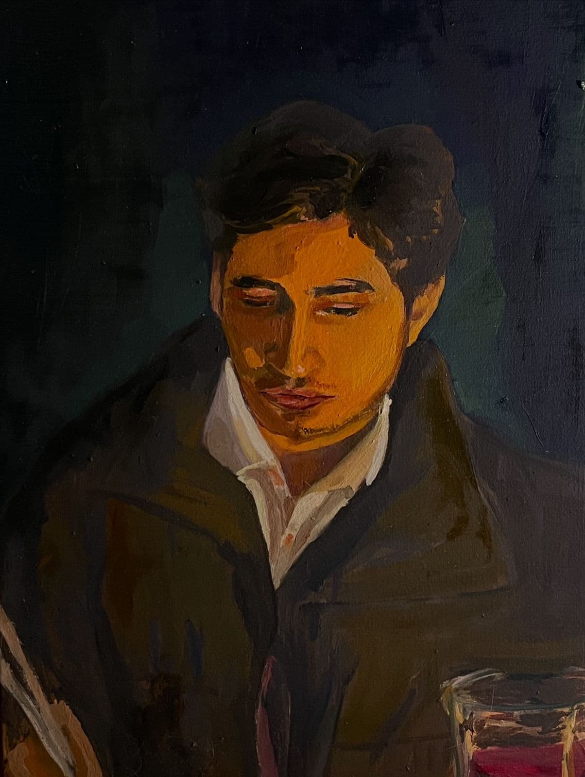 Digital illustration of a quiet cafe scene with a young man seated in warm low light — by Haya Shahzad.