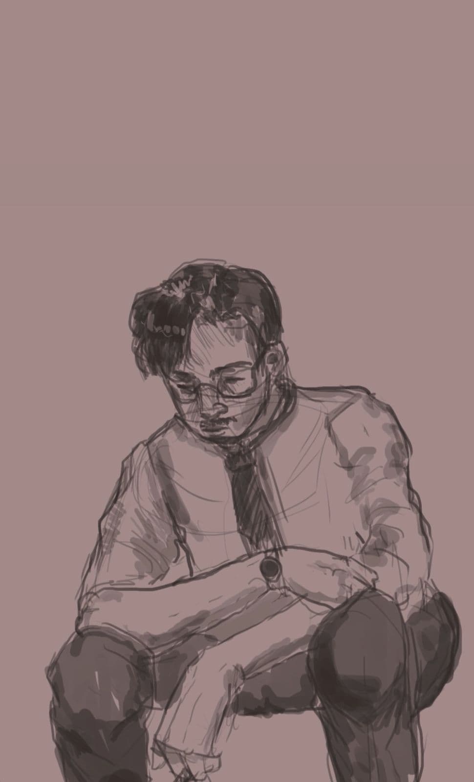 Digital pencil sketch of a man crouching in a white shirt and tie — figure study by Haya Shahzad.