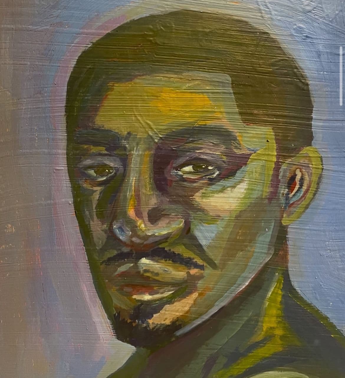 Oil portrait painting with luminous green and yellow highlights cast across the face — by Haya Shahzad.