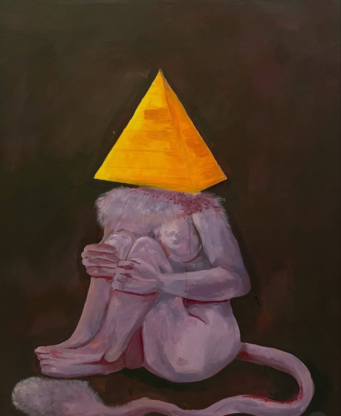 Surreal oil painting of a standing figure with a yellow pyramid replacing the head — surrealist figure study by Haya Shahzad.