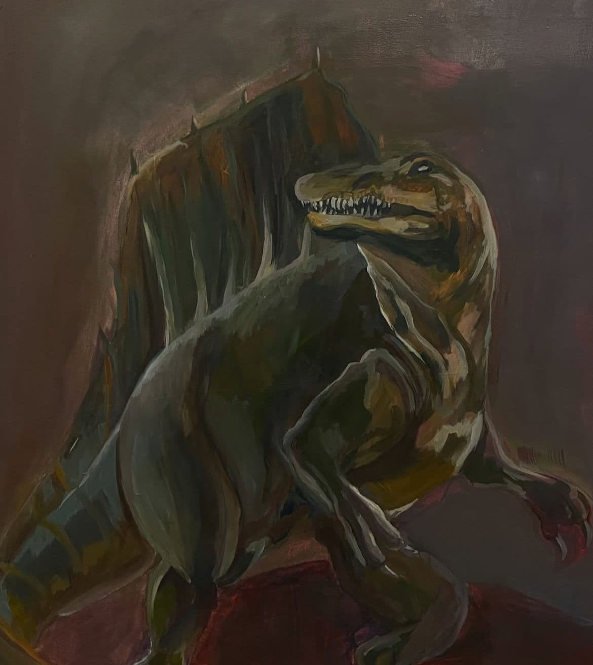 Oil study of a Tyrannosaurus rex rendered in moody umber and amber tones by Haya Shahzad.