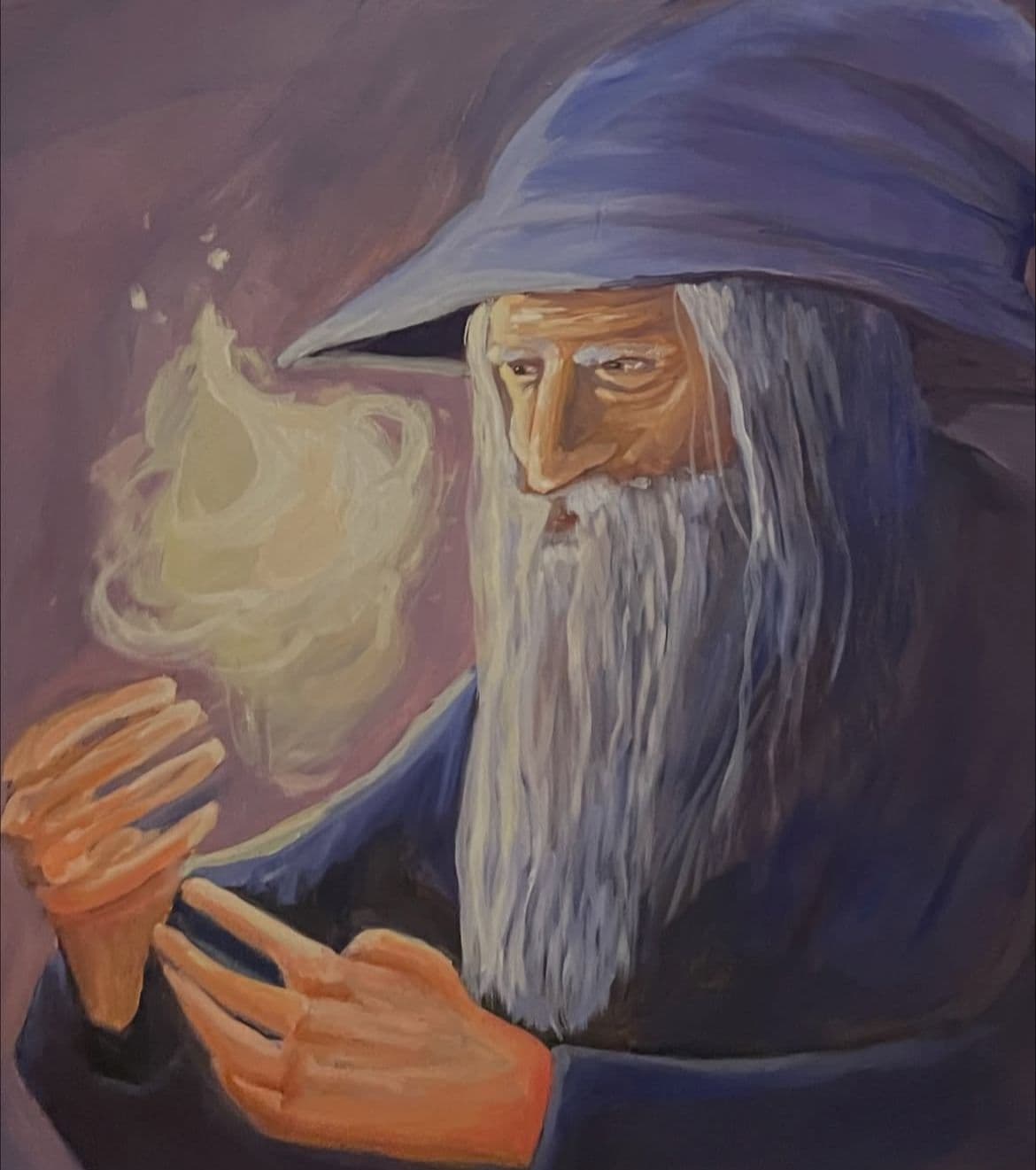 Oil painting on canvas of an aged wizard in deep blue robes summoning magical smoke — by Haya Shahzad.