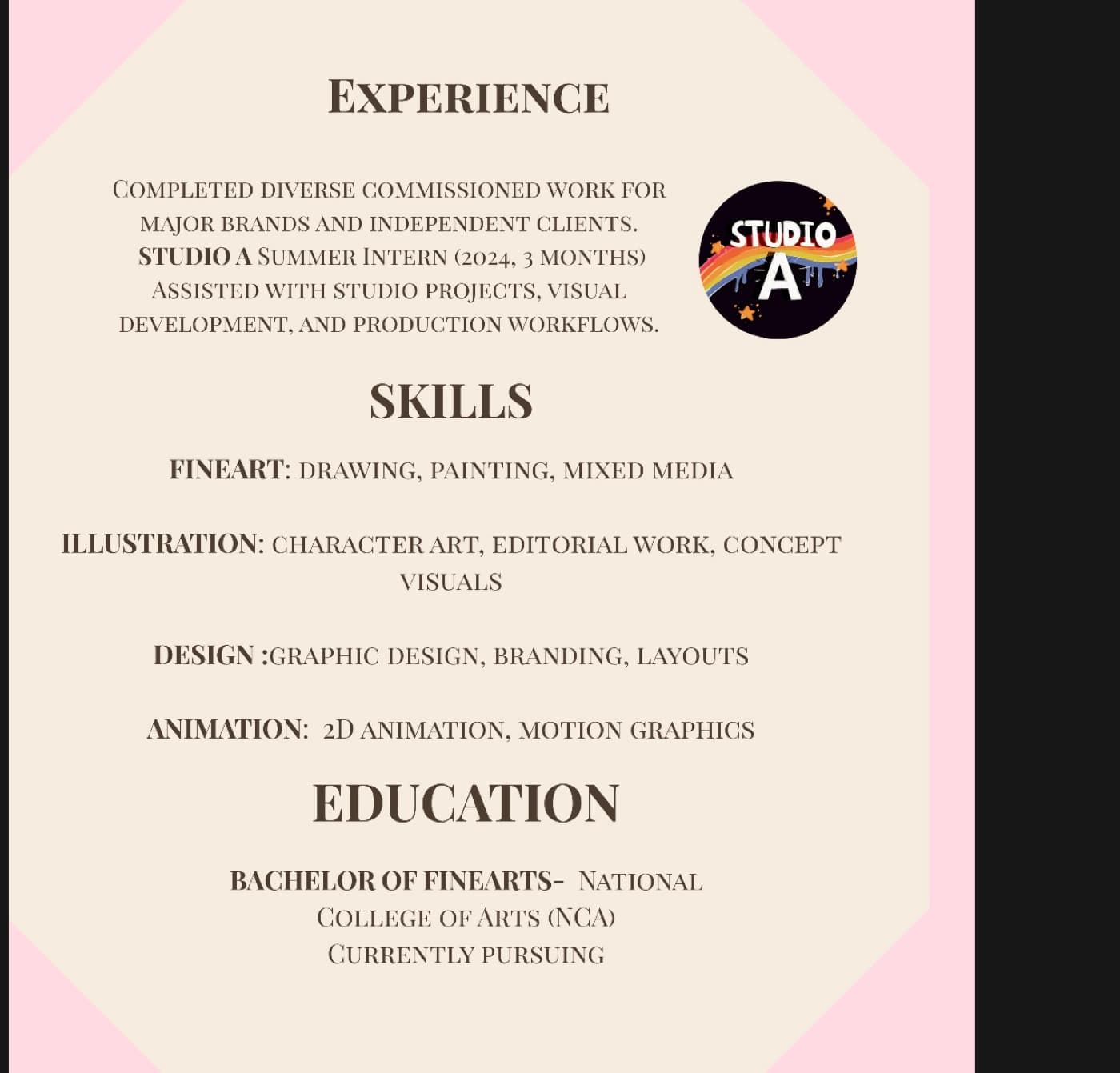 Experience, skills, and education page